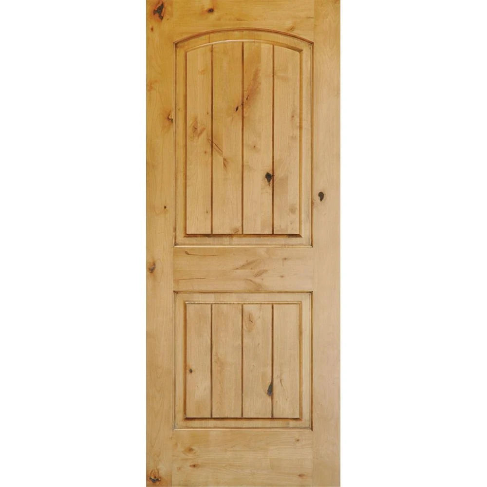 Krosswood Doors 28 in. x 96 in. Knotty Alder 2 Panel Top Rail Arch with V-Groove Solid Wood Core Interior Door Slab, Unfinished