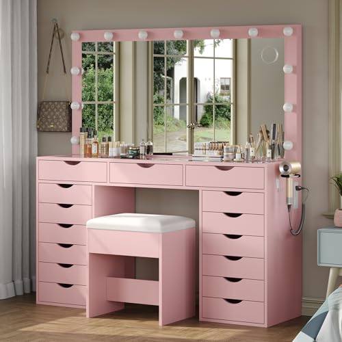White Vanity Desk with Mirror, Lights, Charging Station and Chair C61521