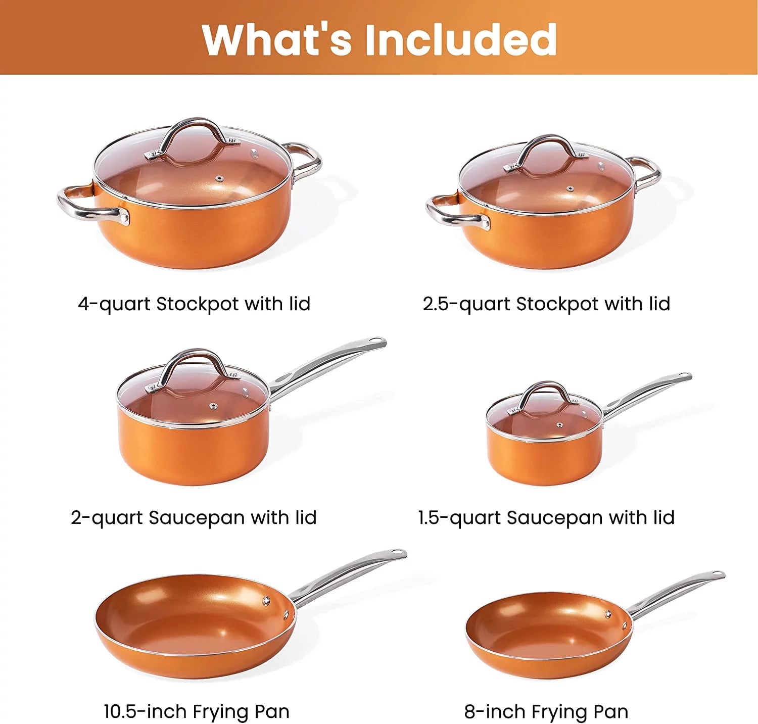 Copper Pots and Pans Set 10 Piece Nonstick Cookware with Ceramic Coating R9697