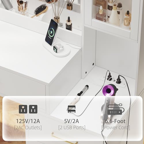 White Makeup Vanity Desk with Charging Station and Lights K58637