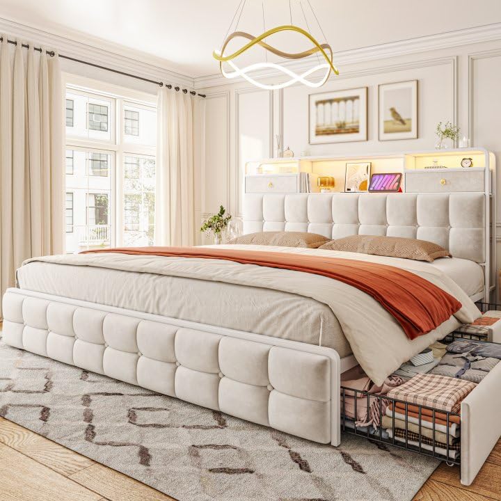 EnHomee King Size Bed Frame with 4 Drawers, Headboard, Charging Station and LED Lights, Grey I310