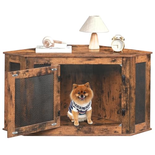 Corner Dog Crate Furniture Wooden Kennel End Table for Small Medium Dogs Greige and Black V3428