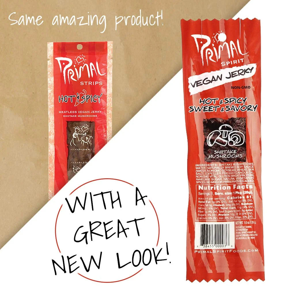 Primal Hot & Spicy Shiitake Mushrooms Vegan Jerky, 1 oz (Pack of 24) L129