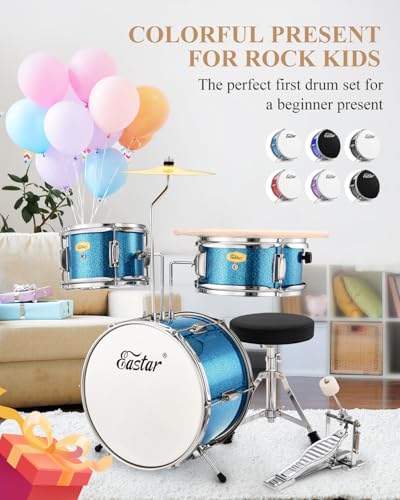 Eastar 3-Piece Kids Drum Kit for Beginners, 14 Inch, Metallic Sky Blue Y27429