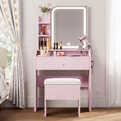 LIKIMIO Small Makeup Vanity Desk with Mirror and Lights, White S9485