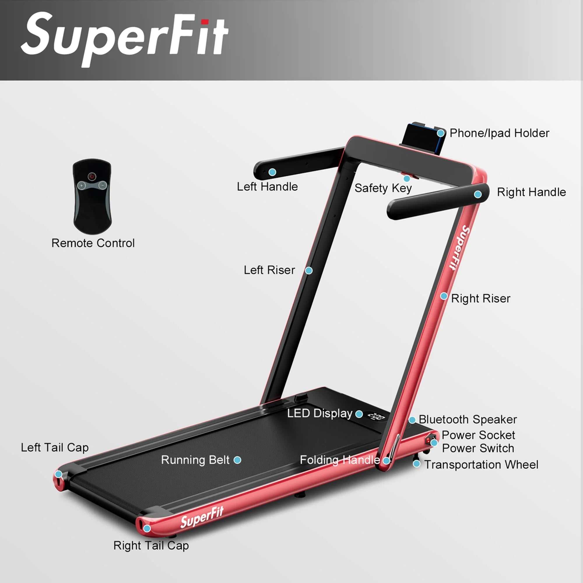 SuperFit 2 in 1 Folding Treadmill with APP Control Speaker Black D991