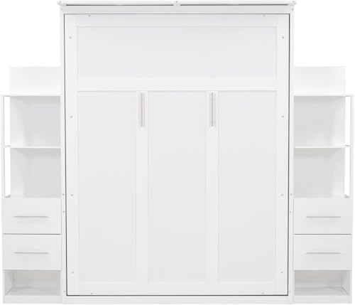 MERITLINE Queen Murphy Bed with Storage Drawers, LED Lights and Shelves, Grey P714