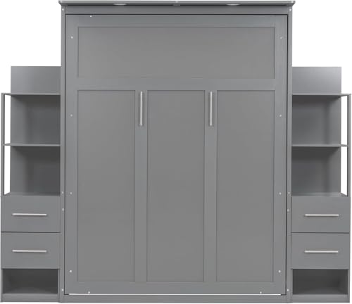MERITLINE Queen Murphy Bed with Storage Drawers, LED Lights and Shelves, Grey P714