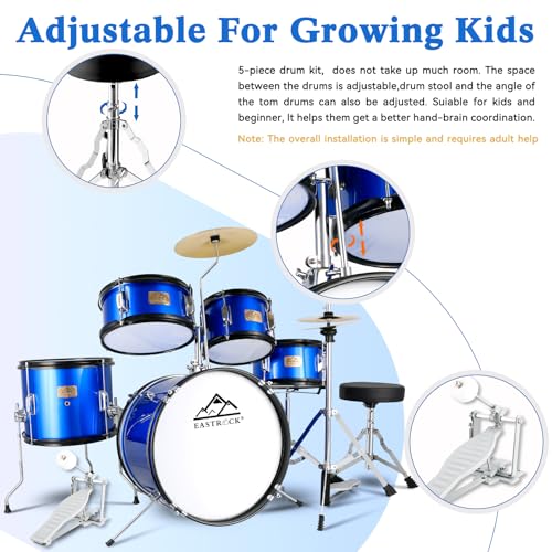 EASTROCK Kids Drum Set 5-Piece 16 Inches Junior Drum Kit with Throne, Cymbal, Pedal & Sticks U617814