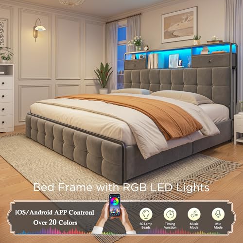 EnHomee King Size Bed Frame with 4 Drawers, Headboard, Charging Station and LED Lights, Grey I310