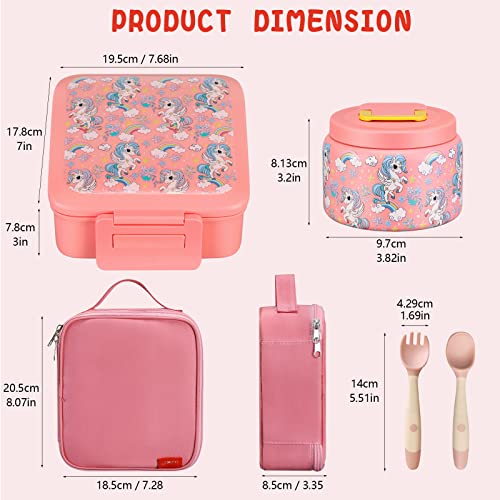 Bento Lunch Box for Kids with 5 Compartments and Thermos, Blue Dinosaur G749