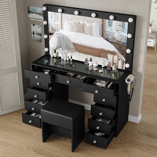 Vanity Desk with Power Outlet, LED Mirror, 11 Drawers and Chair, White H391193
