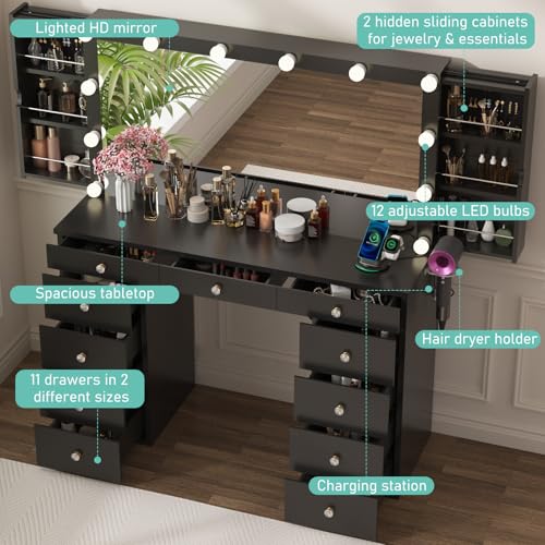 Likein Vanity Desk with Mirror and Lights, White Makeup Dressing Table with 11 Drawers G1478