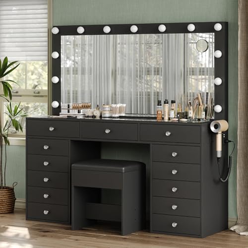 55" Vanity Desk with Charging Station and Lighted Mirror, Black Z765