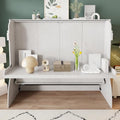 Full Size Murphy Bed with Desk, Horizontal Wall Bed with Storage Shelves, Solid Wood Cabinet Murphy Bed Full Size, Antique White