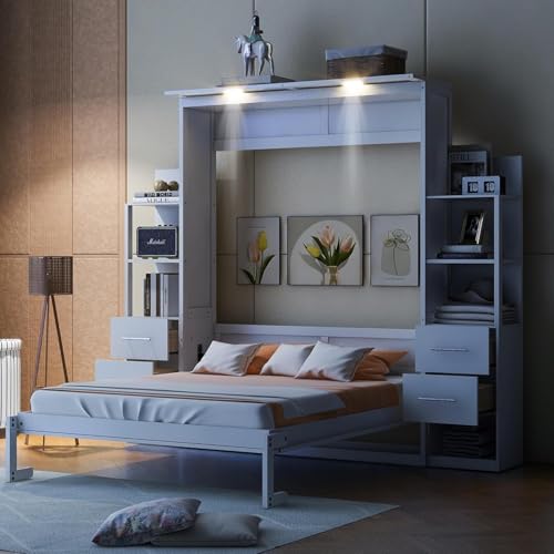 MERITLINE Queen Murphy Bed with Storage Drawers, LED Lights and Shelves, Grey P714