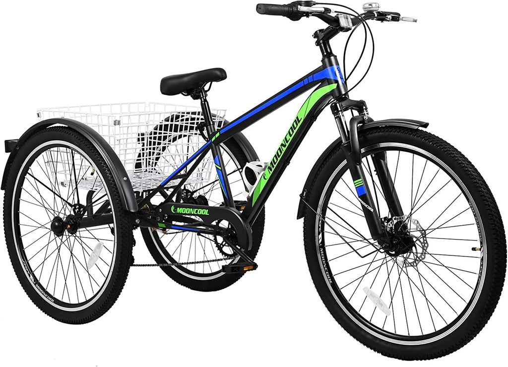 Slsy Mountain Tricycle for Adults, 7 Speed Three Wheel Bike with Cargo Basket I576