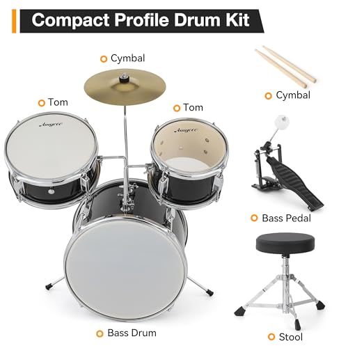 3 Piece Junior Drum Set with Cymbal and Drumsticks, Black X842152