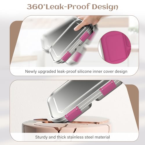 Stainless Steel Bento Box for Kids, 3 Compartments, Leak Proof, Dishwasher Safe, Pink A5921