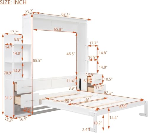 MERITLINE Queen Murphy Bed with Storage Drawers, LED Lights and Shelves, Grey P714