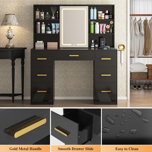 Large Vanity Desk with Mirror and Lights, 7 Drawers, White T162772