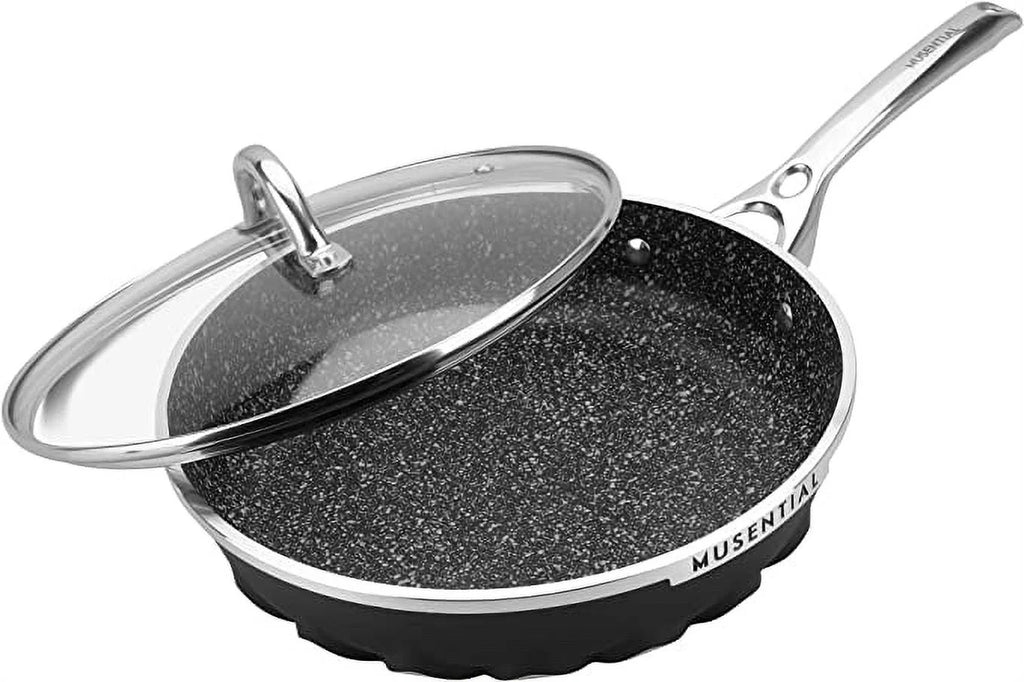 MUSENTIAL 10" Inch Aluminum Non-stick Frying Pan Skillet with Tempered Glass Lid, PFOA-Free Non-stick Granite Coating, Stainless Steel Handle, Dishwasher/Oven Safe (Black)