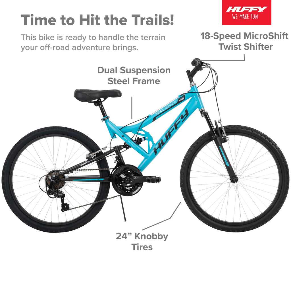 Huffy 24 Trail Runner Girls Full Suspension Mountain Bike, Teal Blue O256