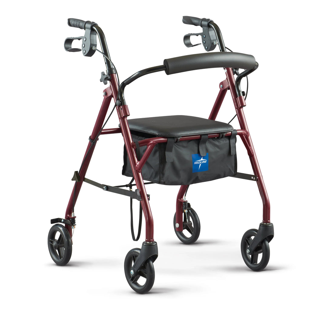 Medline Steel Rollator Walker, Folding Rolling Walker, 6 Wheels, 350lb Weight Capacity, Burgundy Red Frame