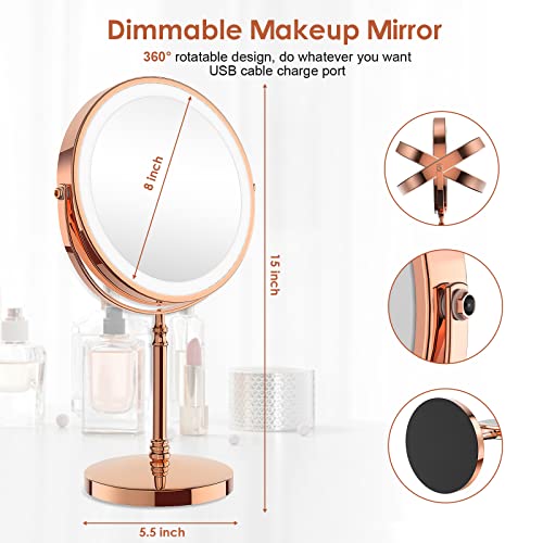 Lighted Makeup Mirror, Rechargeable Double Sided Magnifying Vanity Mirror, 3 Colors, 1x/10x F7514