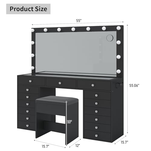 55" Vanity Desk with Charging Station and Lighted Mirror, Black Z765
