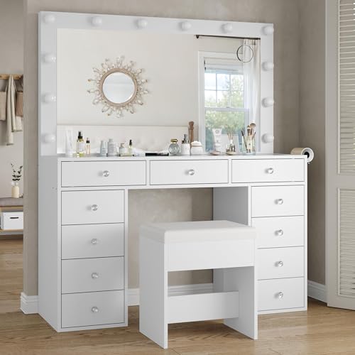 Vanity Desk with Power Outlet, LED Mirror, 11 Drawers and Chair, White H391193