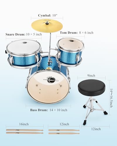 Eastar 3-Piece Kids Drum Kit for Beginners, 14 Inch, Metallic Sky Blue Y27429