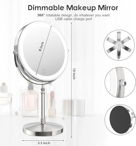 Lighted Makeup Mirror, Rechargeable Double Sided Magnifying Vanity Mirror, 3 Colors, 1x/10x F7514