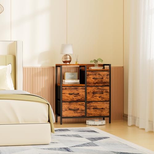 Furnulem 5 Drawer Black Fabric Dresser for Bedroom with Metal Frame D6974