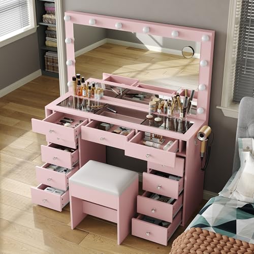 Vanity Desk with Power Outlet, LED Mirror, 11 Drawers and Chair, White H391193
