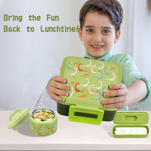 Bento Lunch Box for Kids with 5 Compartments and Thermos, Blue Dinosaur G749