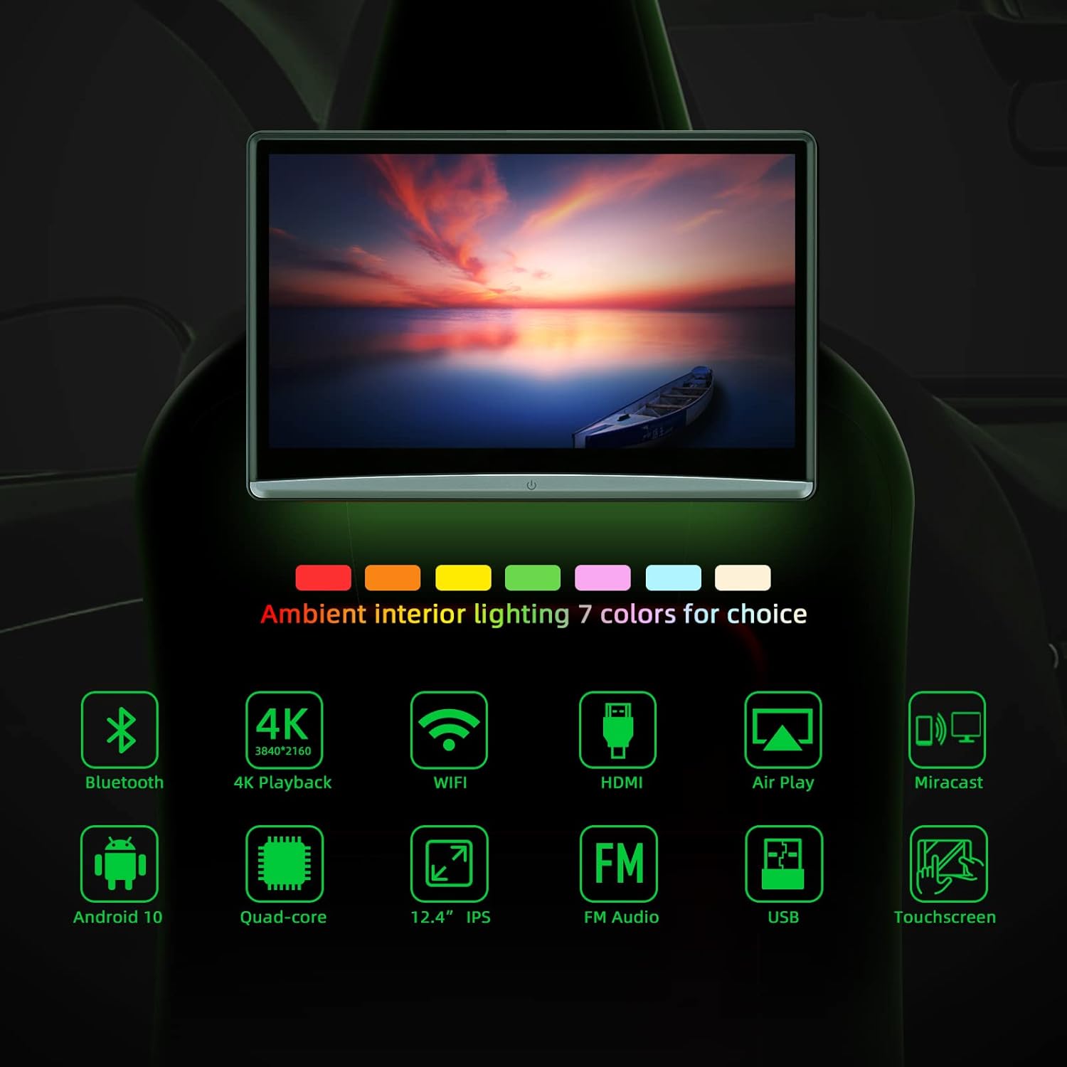 12.4" Android 10 Car Headrest Video Player with Touch Screen, WiFi, Bluetooth U26867