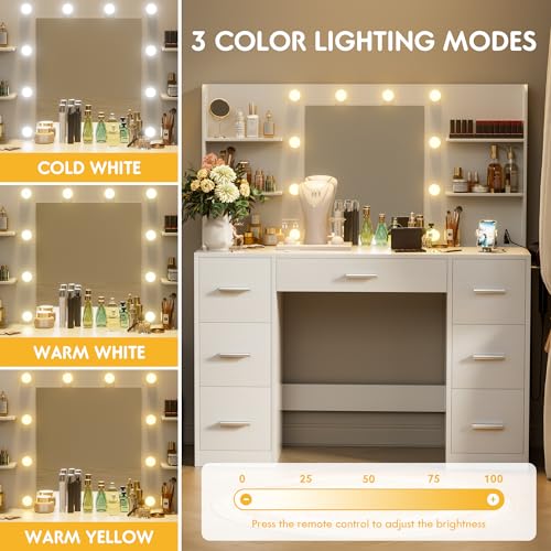 VICTONE Vanity Desk with LED Mirror and Power Outlet, White R87811