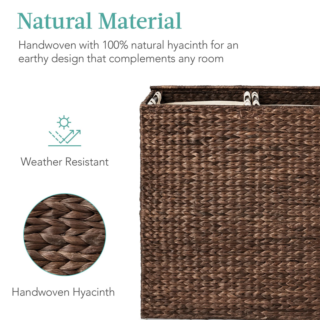 Large Natural Water Hyacinth Double Laundry Hamper Basket with 2 Liner Bags, Espresso H159