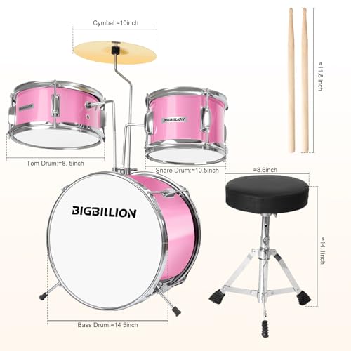 3-Piece Kids Drum Set with Cymbal, Pedal & Sticks (Pink) S64056