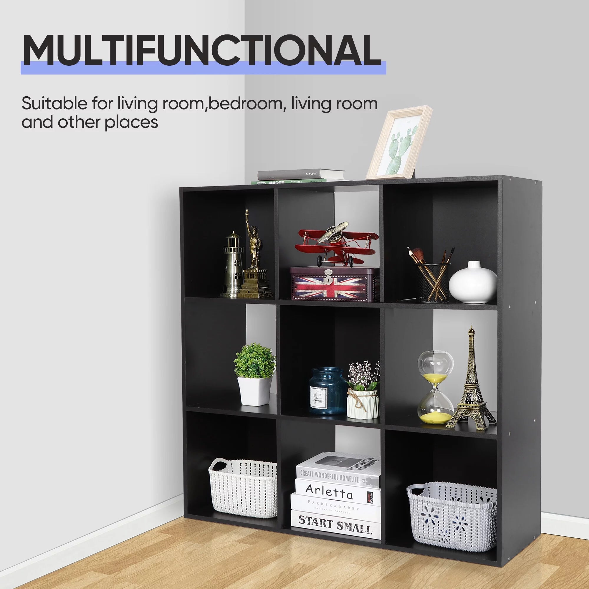 HomGarden 3-Tier 9 Cube Storage Organizer Wood Bookcase Cabinet Black A19933
