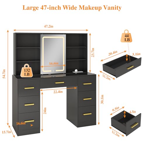 Large Vanity Desk with Mirror and Lights, 7 Drawers, White T162772