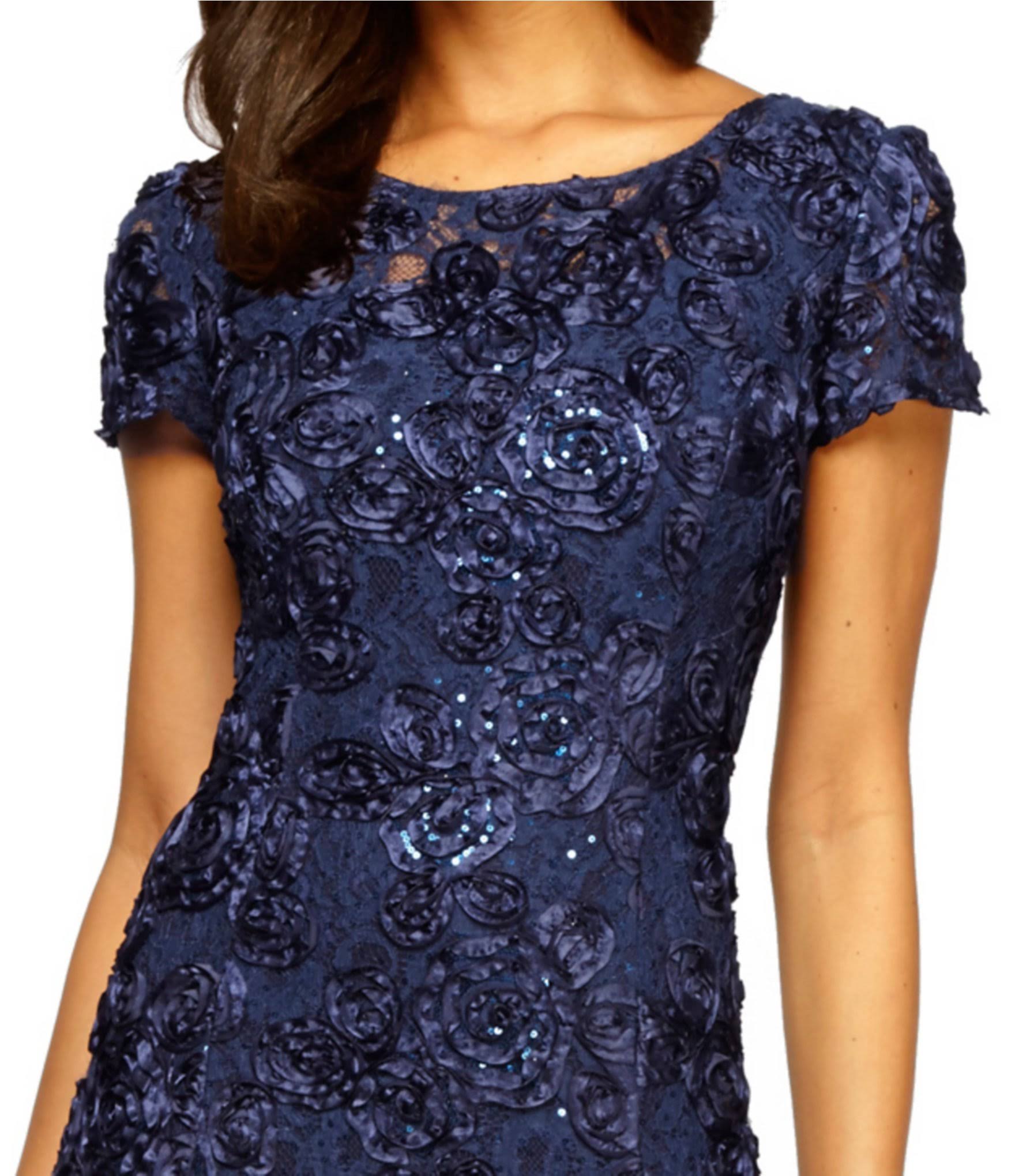 Alex Evenings Petite Rosette Lace A-Line Gown Navy D287234