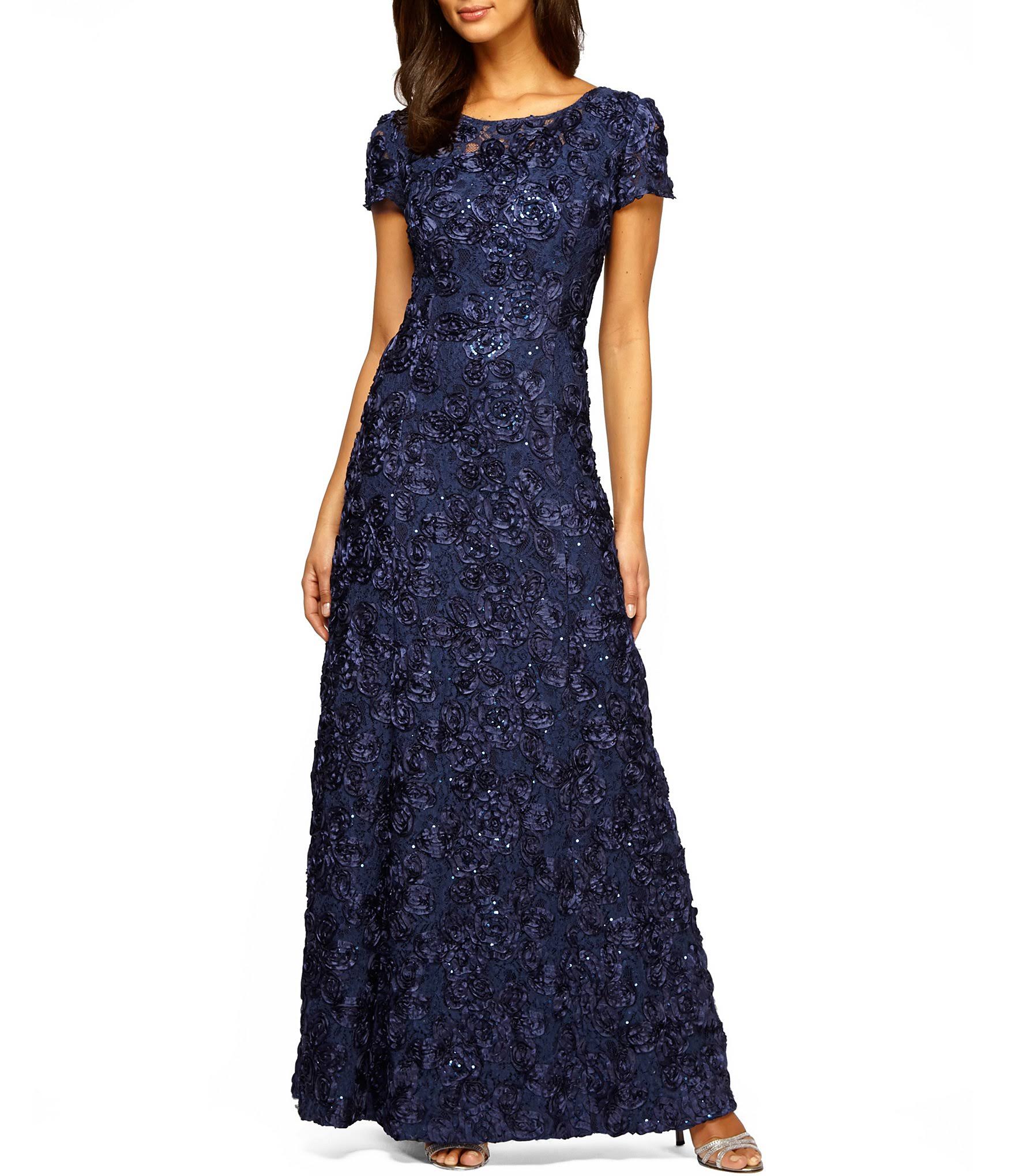 Alex Evenings Petite Rosette Lace A-Line Gown Navy D287234