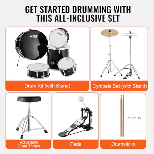 VEVOR Adult 5-Piece Drum Set, 22 Inch Full Size Kit, Black L366261