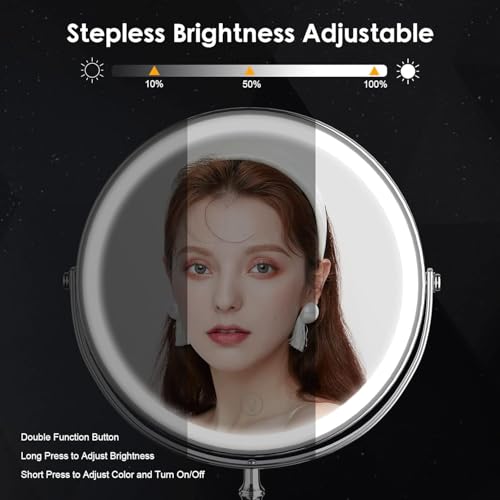 Lighted Makeup Mirror, Rechargeable Double Sided Magnifying Vanity Mirror, 3 Colors, 1x/10x F7514
