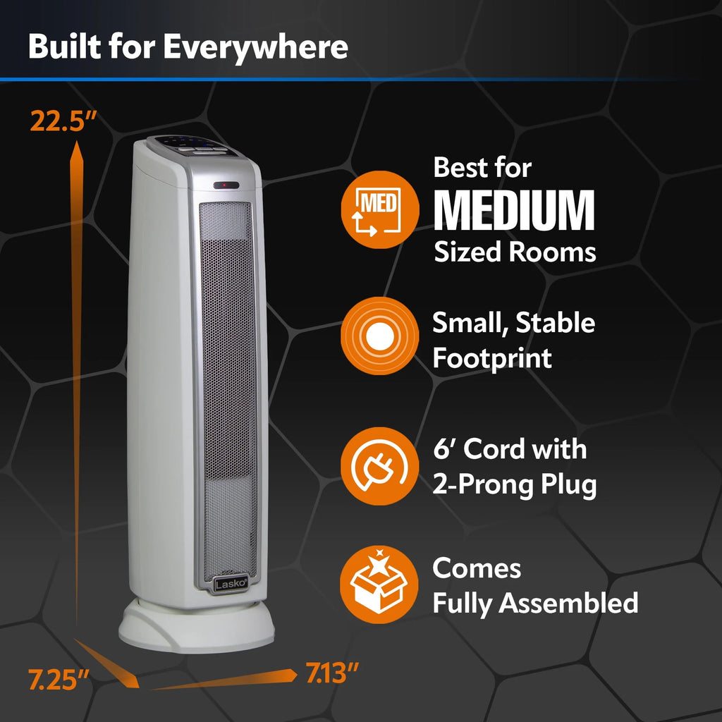 Lasko 1500W Oscillating Ceramic Tower Space Heater, White Q138