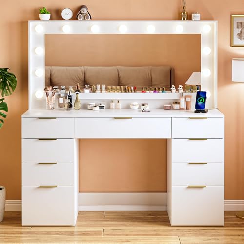 White Vanity Desk with Large Mirror and Lights I322