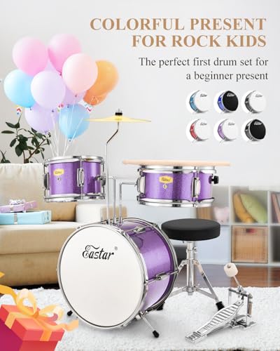 Eastar 3-Piece Kids Drum Kit for Beginners, 14 Inch, Metallic Sky Blue Y27429