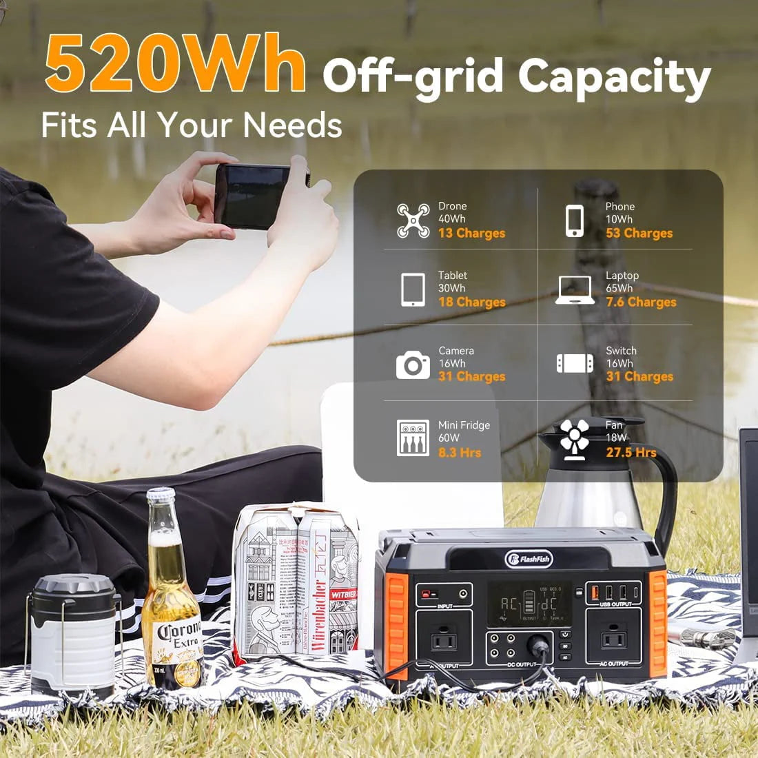 Flashfish 560W Portable Power Station 520Wh Solar Generator Y575